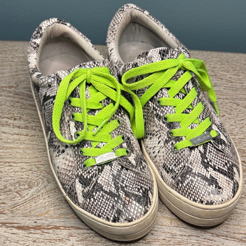 J Slides Snake Print Sneakers with Neon Green Laces